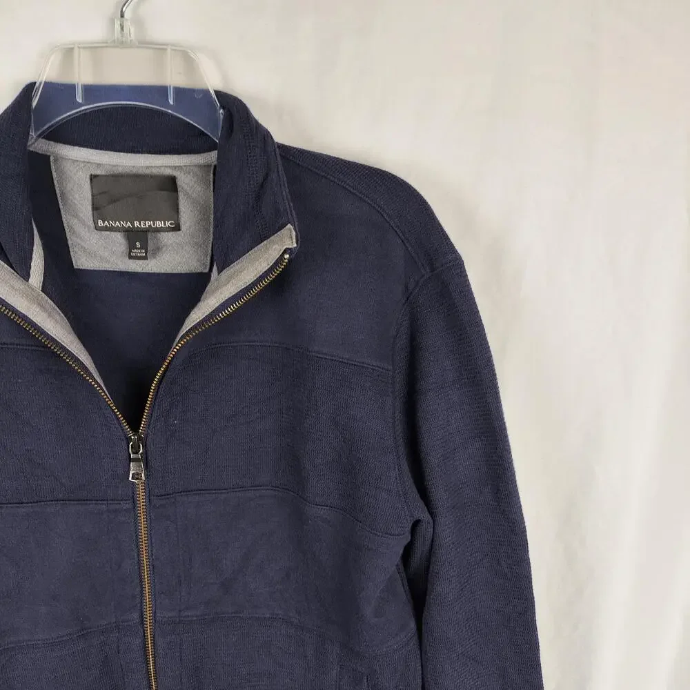 Banana Republic Sweater Mens Small Blue Full Zip Mock Neck Knit Pockets Casual